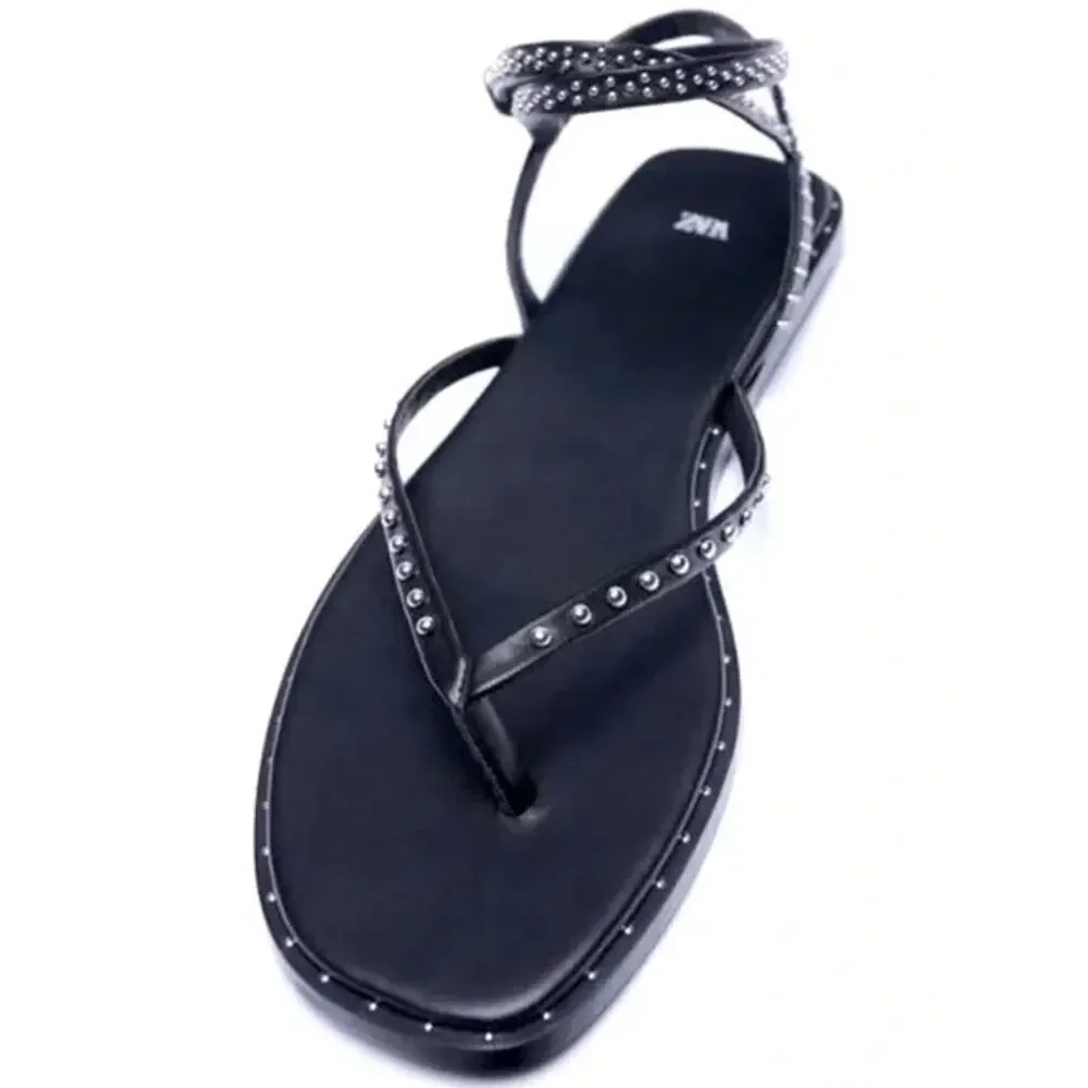 ZARA Studded Flat Wrap Sandals Silver Black Leather Women's 41/US 10 - Picture 8 of 8